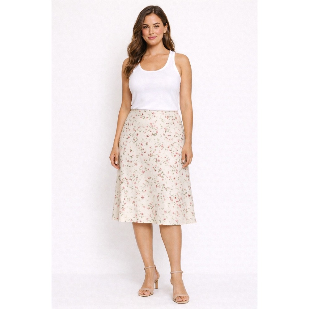Vintage David‎ Warren New York Floral 100% Silk Skirt Size 10P Cream Pink
